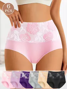 6PCS Women’s High-Waisted Floral Brief Panty Set, Soft, Stretchable, Breathable Full-Coverage Underwear, Comfortable Jacquard Waistband Lingerie for Daily Wear, Work, Travel, Sleep, and Lounging