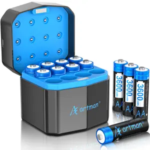 A Artman Rechargeable Lithium AA Batteries 12 Pack with 12-Slot Charger, 3600mWh 1.5V High Power AA Lithium Batteries for Blink Outdoor Camera, Rechargeable Double A Battery with 2000+ Cycles (Black)
