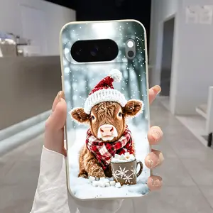 Rounded Edge Phone Case for Google Pixel 10 9 XL 8 7 Pro A Winter Cow Coziness Pattern Pocket-Friendly Shockproof Liquid Silicone Protective Soft Smartphone Casing