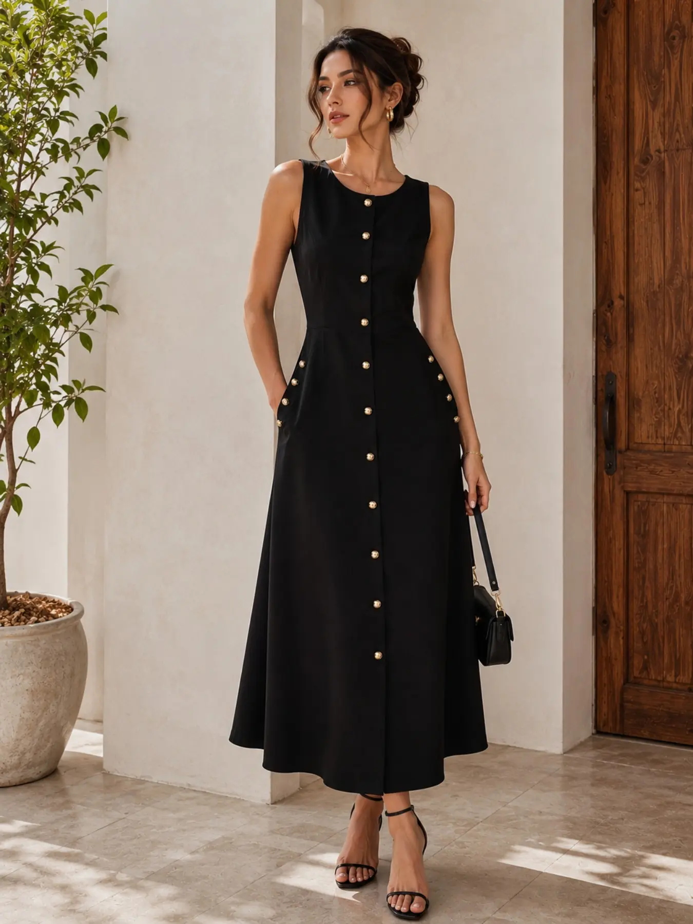 Elegant Women Sleeveless A-Line Midi Button Dress, Minimalist Solid Dress, Solid Color Casual Summer Vacation Dress, All Seasons Wear, Plain Surface, Unlined, No Ca Prop 65