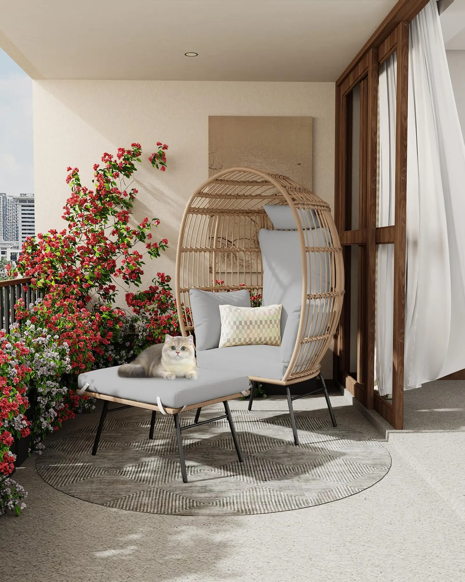 GARVEE Oversized Egg Chair with Ottoman, Wicker Rattan Hanging Pod Chair with Thick Cushion, Weather-Resistant Swing Seat for Indoor Outdoor Use, Boho Modern Lounge Chair for Patio, Garden, Porch, Backyard