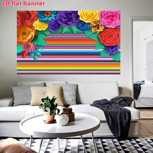 Mexican Theme Party Striped Banner, Carnival Cinco De Mayo Paper Flower Background, Festival Party Decoration, Polyester Photography Backdrop