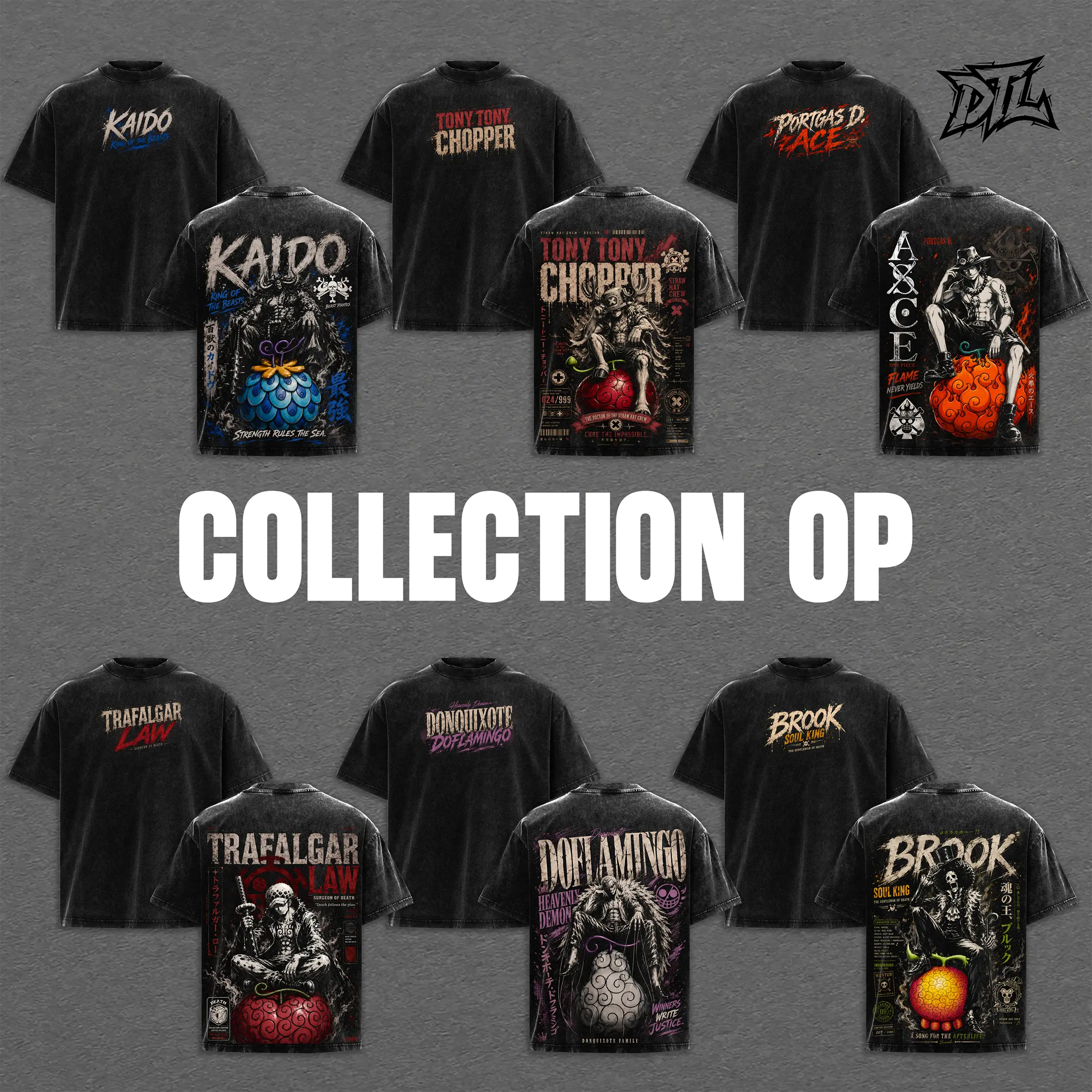 Portgas D Ace, Soul King Brook, Tony Tony Chopper, Donquixote Doflamingo, Kaido, Trafalgar Law Acid Wash T-Shirt | Oversized Heavyweight Anime Tee  Graphic Print Vintage Goth Grunge Streetwear Top Unisex