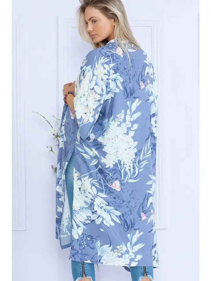 Blue Floral Duster Viscose Long Kimono