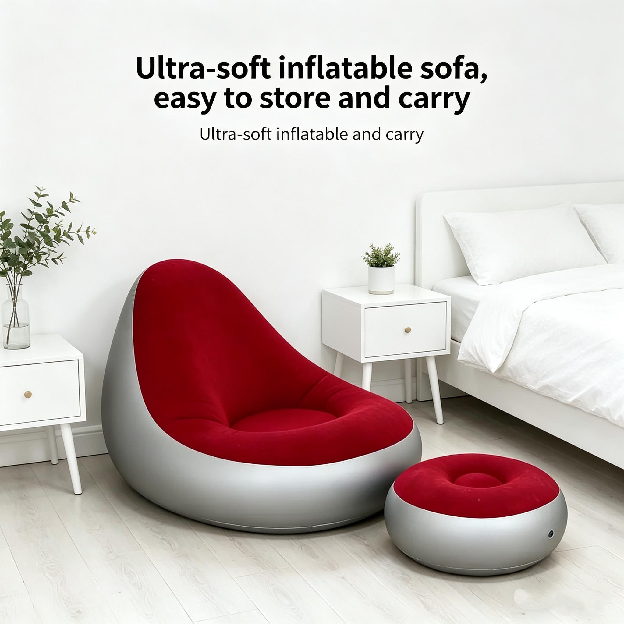 1pc Red Flocked Inflatable Sofa with Footrest, Foldable Single Recliner, Soft Nylon Fluff Surface, Lightweight Easy Storage Lounge Chair for Bedroom Living Room Balcony Camping Outdoor Relaxation