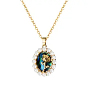 Key Flower Abalone-shell Necklace: Colorful Abalones Shell Pendant Inlaid Zircon Flowers Jewelry Gold Plated Stainless Steel Chain Necklaces for Women