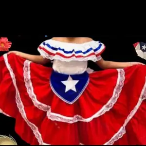 Traditional typical Dress from Puerto Rico dance dress Bomba & Plena with long Red Skirt for Girls
