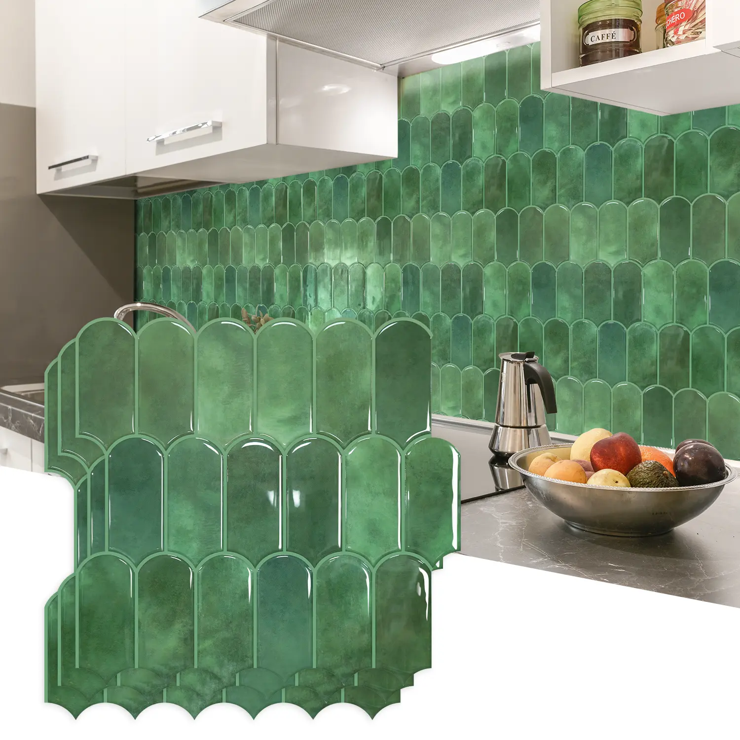 Vamos Tile Thicker Peel and Stick Backsplash Tile,Green,10-Sheet Self Adhesive Vinyl Wall Tiles with Green Grout, Stick on Backsplash for Kitchen, Bathroom,RV,Laundry,11.1''x12''