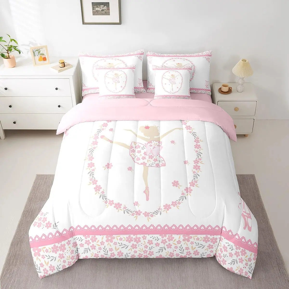 Feelyou 7-Piece Ballerina Theme Ballet Girls' Bedding Set - Flower Printed Bedding, Breathable Botanical Comforter, Soft Floral Blanket, Trendy Pink-White Multi-Size Bed-in-a-Bag for Bedrooms, Floral Bedding, Bedding Sets Collections