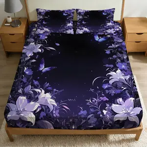 2/3Pcs Purple Flower Butterfly Night Scene Pattern Fitted Sheet Set(1*Fitted Sheet+1/2*Pillowcase, No Filling),High-Definition Digital Printed ,100% Polyester Fiber,Machine Washable,With Zipper,A Perfect Gift For Family And Friends All Year Round!