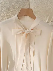 Elegant Bow Tie Bowknot Fitted Blouse for Women, Casual Office Wear Top, Simple Design Ladies' Shirt, Perfect for Daily