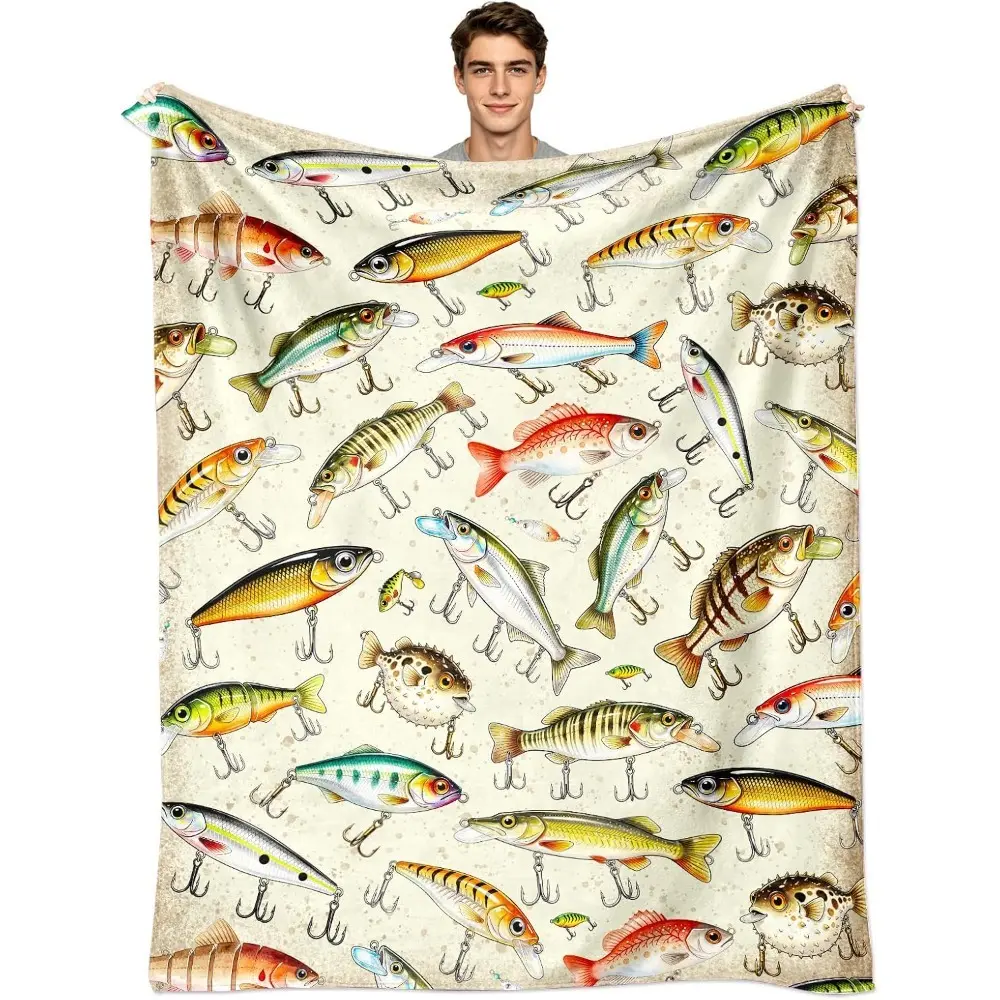Fishing Blanket Gifts for Men Fish Anglers Lovers Ultra Soft Flannel Fishing Throw Blanket Birthday Gifts Decor Stuff Merch 50" x 40"