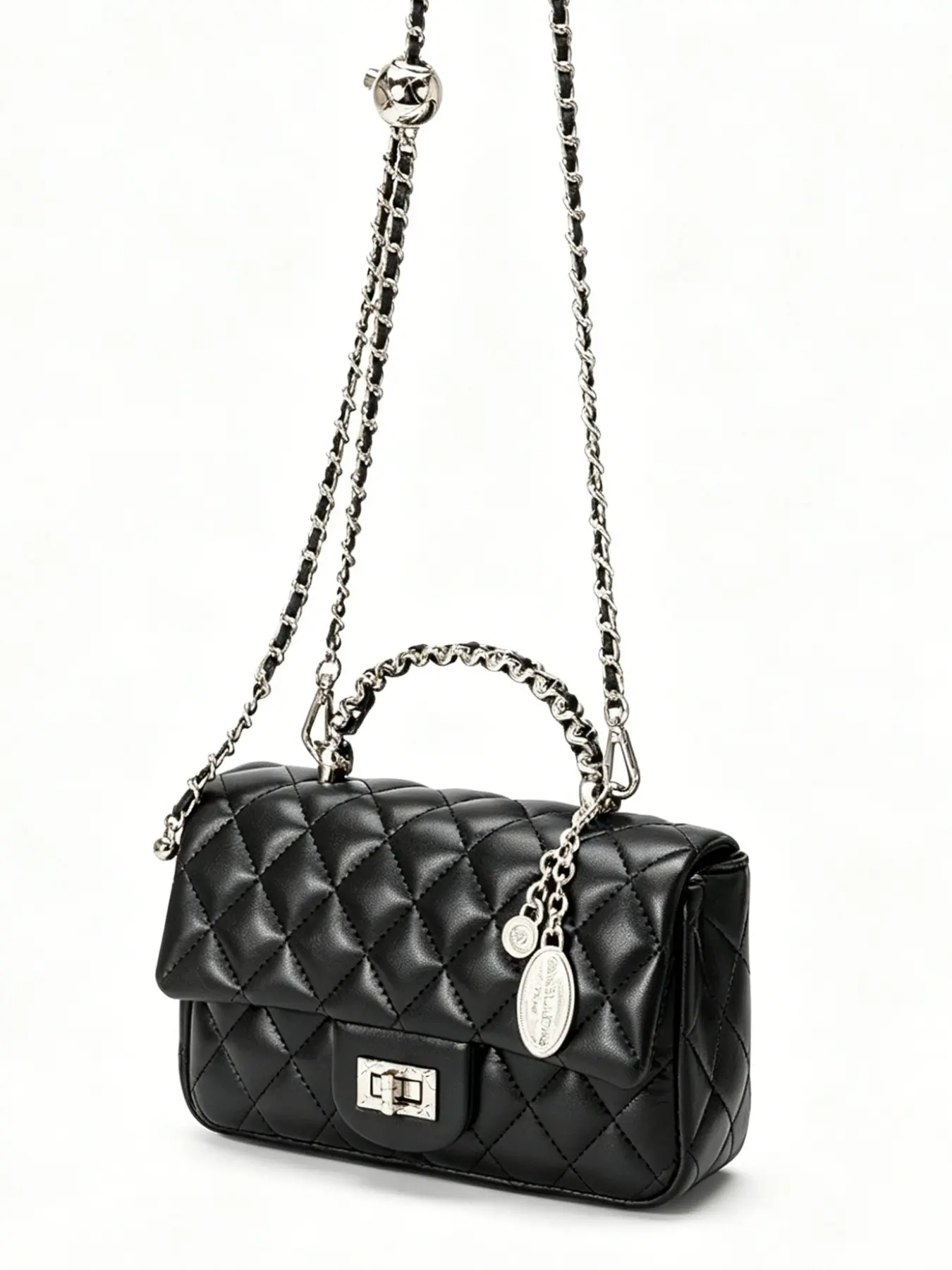 New gold ball square bag for women, genuine leather shoulder and crossbody bag, classic chain quilted small square bag, Fashionable Shoulder Bag, Fashion Crossbody Purse, Crossbody Shoulder Handbag