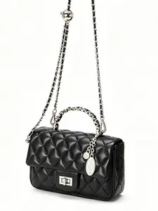 New gold ball square bag for women, genuine leather shoulder and crossbody bag, classic chain quilted small square bag, Fashionable Shoulder Bag