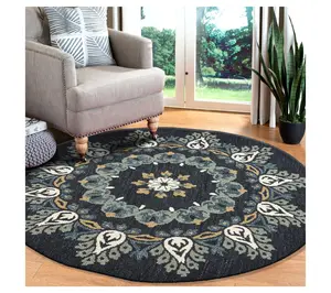 Ox Bay Charcoal/Teal Floral Medallion Wool Indoor 4' Round Rug