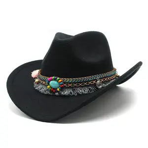Bohemian Black Lawless Cowboy Hat, Ethnic Wide Brim Sun Hat with Beads and Tassels, Large Brim Outdoor Hat Perfect for Vacation Photography