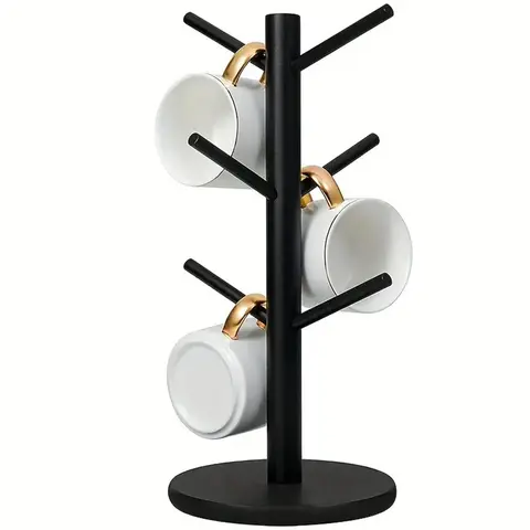 Mug Tree, 1 Pc Coffee Cup Holder with 6 Hooks, Bamboo Wood Stand for Counter, Coffee Station Organizer and Bar Storage, Kitchen Organization Rack