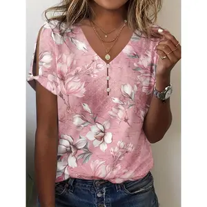 Floral Print Button V Neck Blouse, Casual Short Split Sleeve Top For Spring & Summer, Women's Clothing