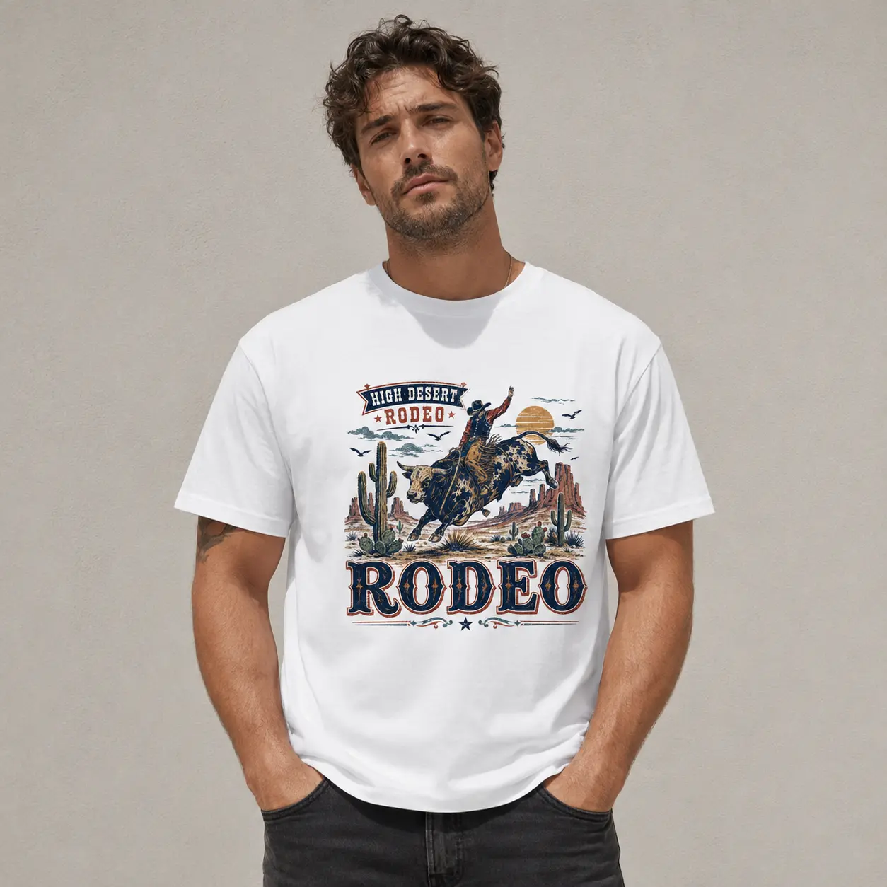 Men's Classic Distressed High Desert Rodeo Graphic T-Shirt - Menswear Shortsleeve Round Neck White Tee, Vintage Bull Rider & Cactus Western Print, Casual Gift for Rodeo Fans