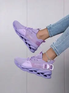 Women's Purple Running Shoes with Blade Design, Letter Pattern, Shock Absorbing, Lightweight, Anti-Slip, Front Lace-Up, running shoes men