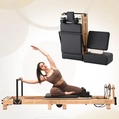 PAETA Wooden Foldable Pilates Reformer Machine - 2 Packages Shipping, Adjustable Compact Functional Low Impact Workout Equipment with Springs, Sitting Box, Jump Board & Accessories for Home & Studio Use
