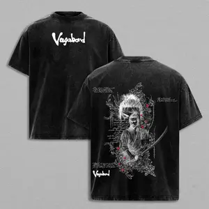 Vagabond Miyamoto Musashi T-Shirt – Vintage Washed Oversized Heavy Cotton 90s Manga Tee, Unisex Streetwear Graphic Top Gift for Anime Fans