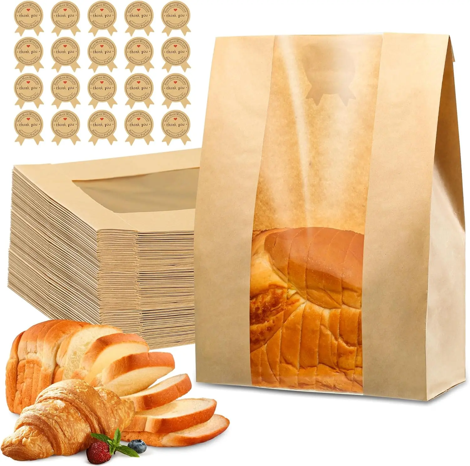 25 Pcs Bread Bags for Homemade Bread, Sourdough Paper Bags With Window, 50% Thicker 13.7x8.2x3.7in A Large Bakery Bag Used for Storage Bakery Cookies & Snacks, 40 Cute Sealing Stickers with Ties