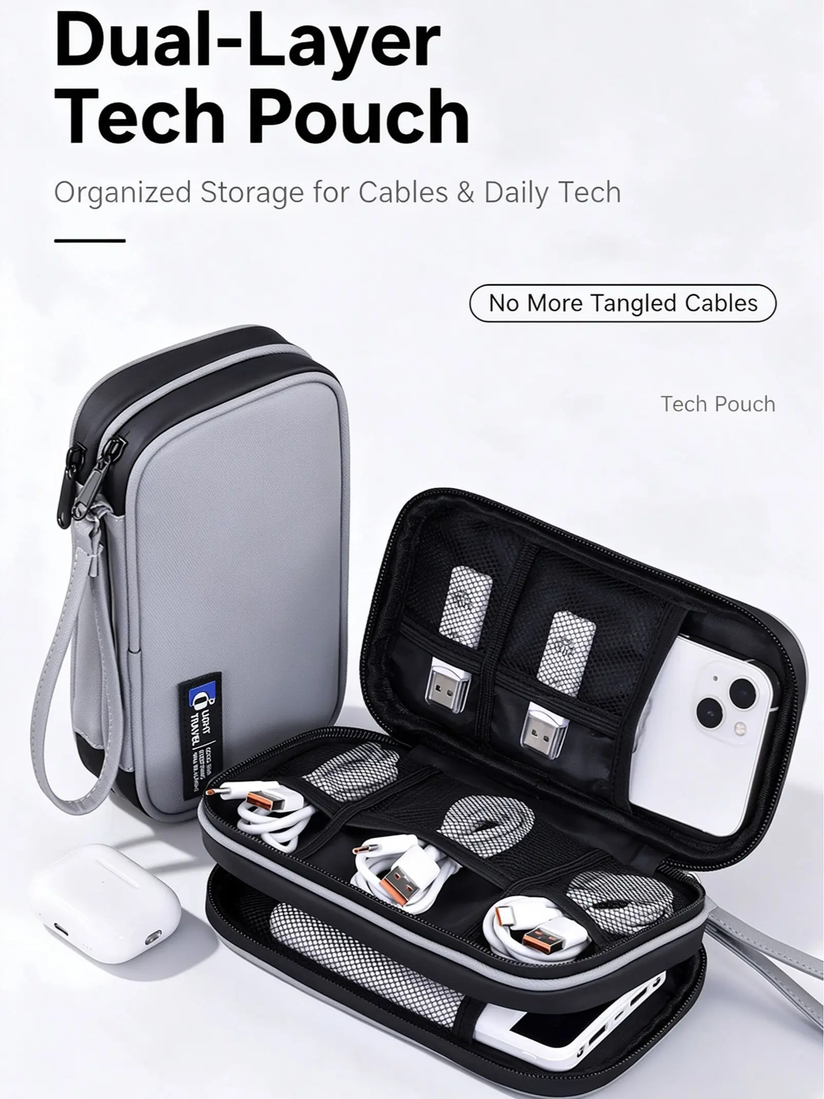 Dual Layer Tech Pouch, Portable Multi-Compartment Zipper Carry Case with Wrist Strap, Waterproof Mesh Divider Storage Bag for Travel Small Gadgets, Cables and Daily Tiny Accessories