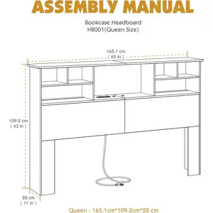 Queen Headboard only for Queen/Full Size Bed with Storage, Stylish Queen Size Headboard with USB & Type C Port & 2 LED Lights, Noise-Free Wood Bookshelf headboard, Height Adjustable, White