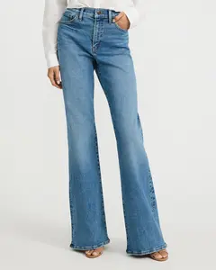 Express Women's High Waisted Flare Jeans - 70s Retro Style, Medium Wash High Stretch Compression Cotton Denim Pants