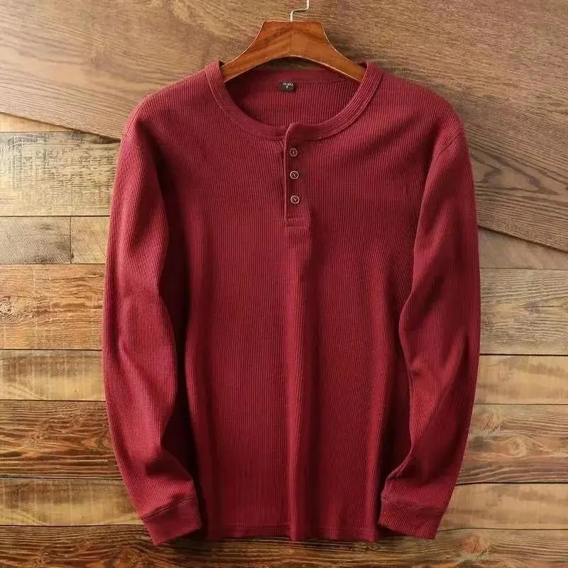 Slim Fit Mens Basic Tee Casual Tshirts Henley Waffle Long Sleeve Shirts Thermal Solid Half Button Breathable 100% Cotton Shirts 2025