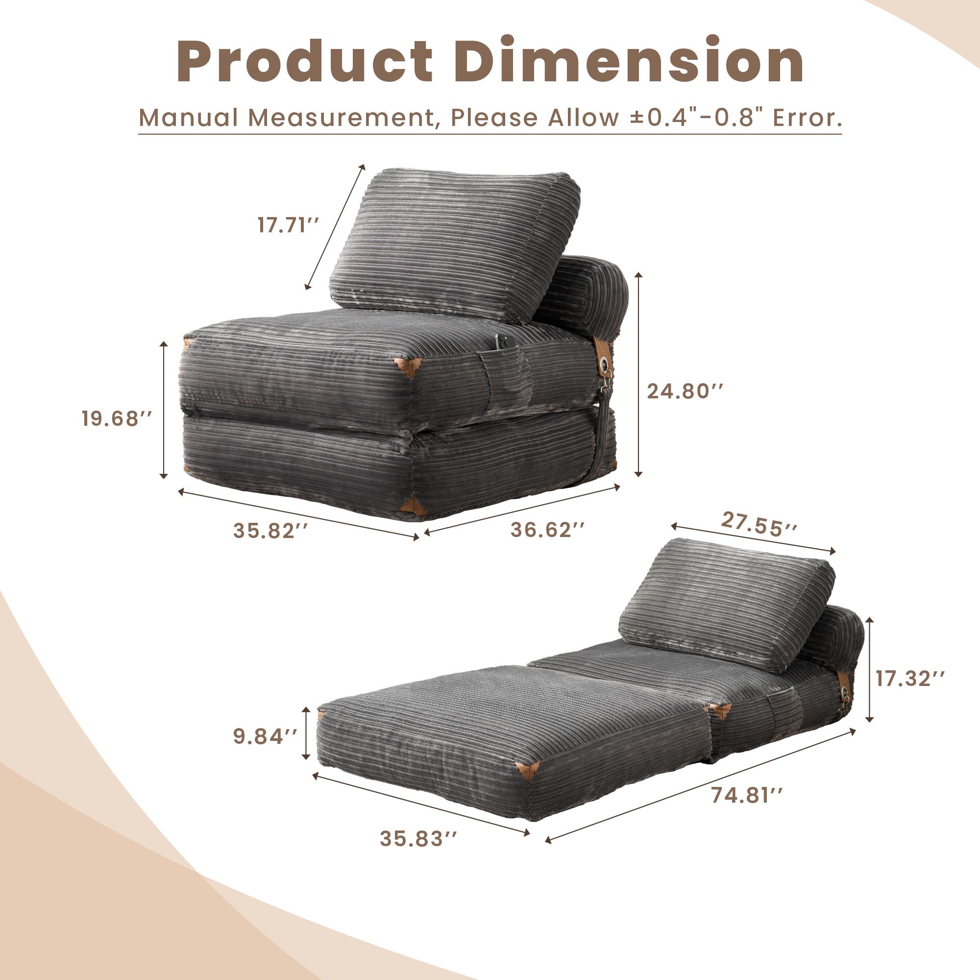 CAODOC 2-in-1 Foldable Cloud Sofa Bed,Convertible Sleeper Chair with Pillow Foldable Mattress with Back Support, Portable Fold Out Chair Bed Comfy Floor Sofa Lounge for Living Room Bedroom,Apartment, dormitory, office nap bed