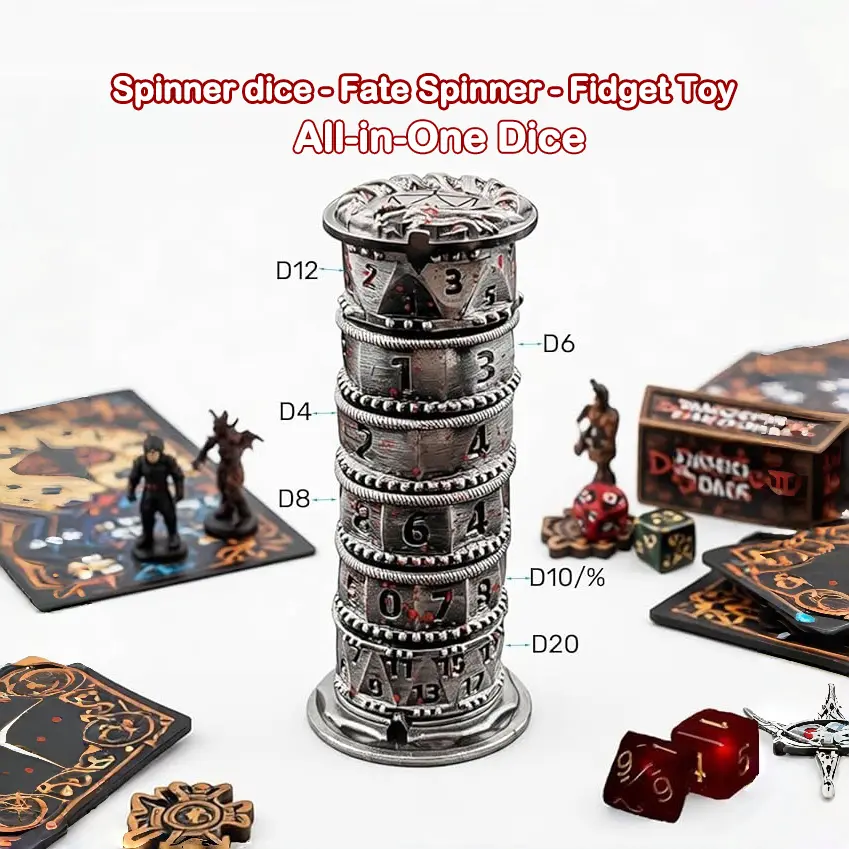 100% Metal Roulette Dice Spinner DND Dice Set 7 In 1 Fidget Spinner Fate Dice Fidget Toy For Ttrpg, Game Night, Collection, Tabletop Accessories, Gift