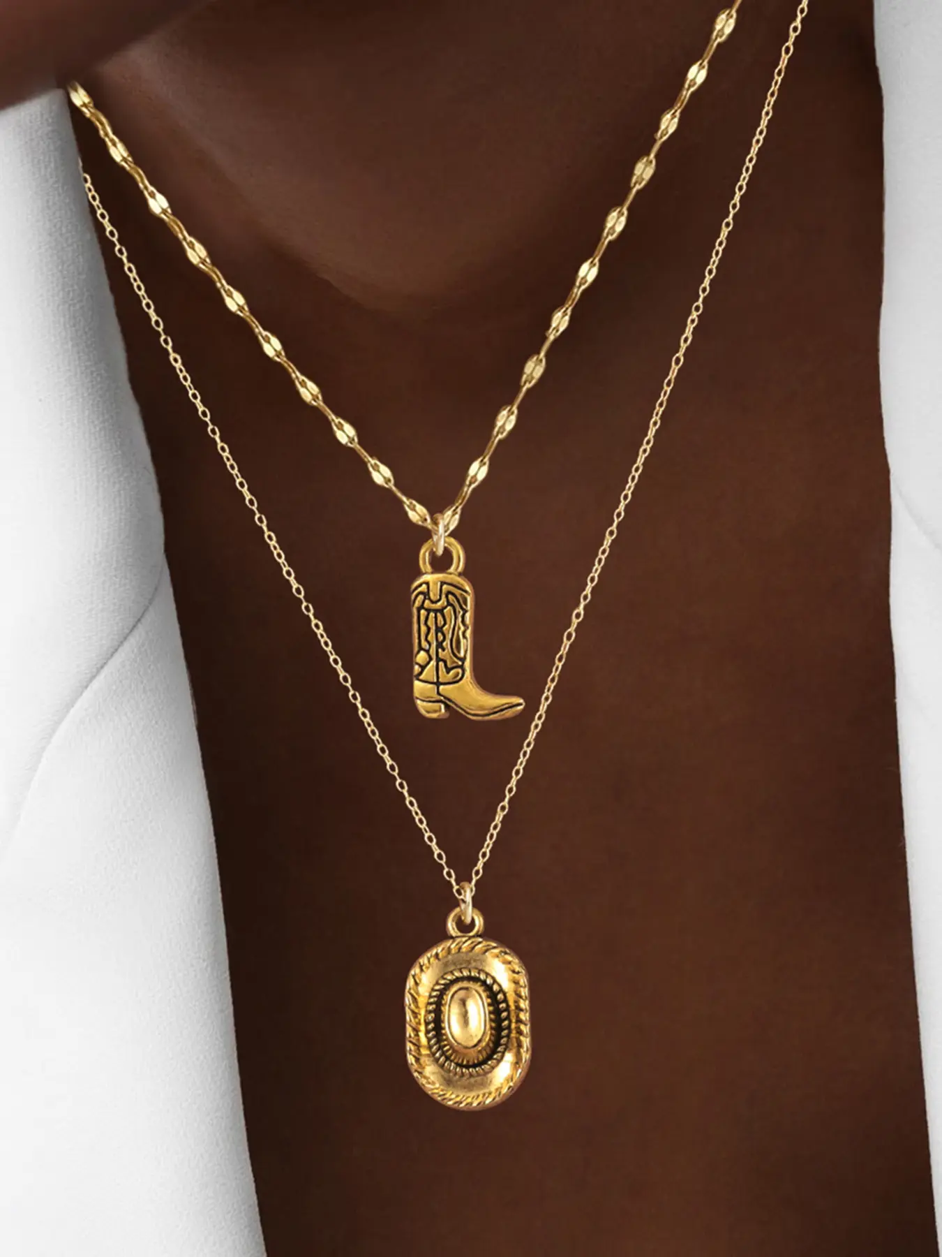 2Pcs/set Golden/Silvery Western Cowboy Hat Boot Pendants Necklace Women Vinatge Classic Stainless Steel Lip Choker Layered Chain Necklaces For Women, Charms Necklace, modern versatile accessories
