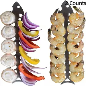 2 Counts Fish Bone Shape Barbecue Sticks, Metal Kabob Sticks for Grilling, Reusable Fish Bone Fork Barbecue Stick, Barbecue Sticks& Bottle Opener, Kabob Sticks Long Skewers Cooking Tools for BBQ Sticks