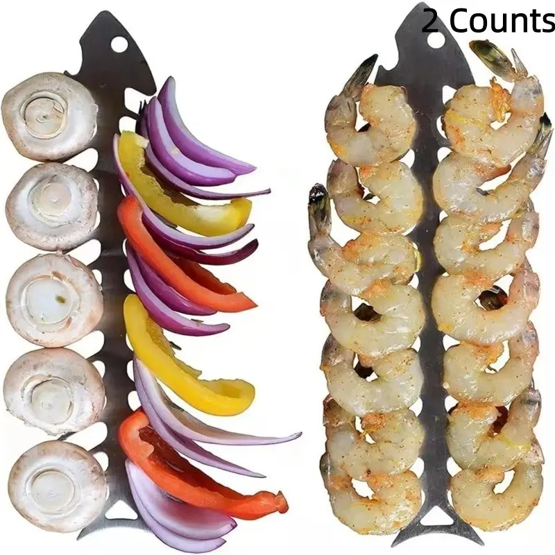 2 Fish Bone Shape Barbecue Sticks, Metal Kabob Sticks for Grilling, Grilling Barbecue Accessories, Reusable Fish Bone Fork, Bottle Opener, Long Skewers Cooking Tools for BBQ Sticks