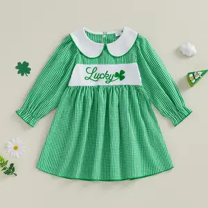Toddler Little Girl Gingham Dress Clover Letter Embroidered Long Sleeve Doll Collar A-line Dress Casual Spring Clothes