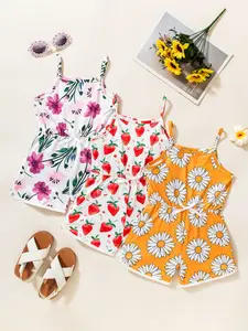 Toddler Girls 3-Pack Sleeveless Rompers (90-130cm), Floral/Strawberry/Daisy Print Spaghetti Strap Jumpsuits with Waist Tie, Lightweight Casual Playsuits for Summer Vacation & Beach