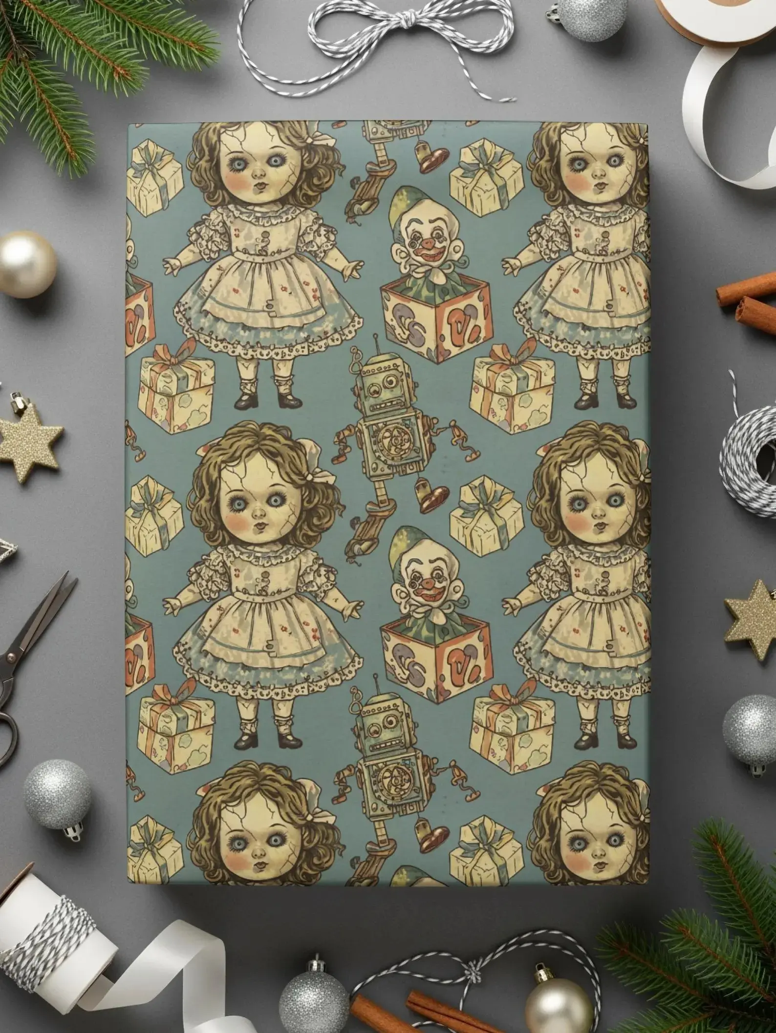 Creepy Doll Wrapping Paper, Skull Gothic Gift Wrap Paper Roll, Horror Movie Dark Aesthetic, Clown Gothmas, Halloween Gift Wrap