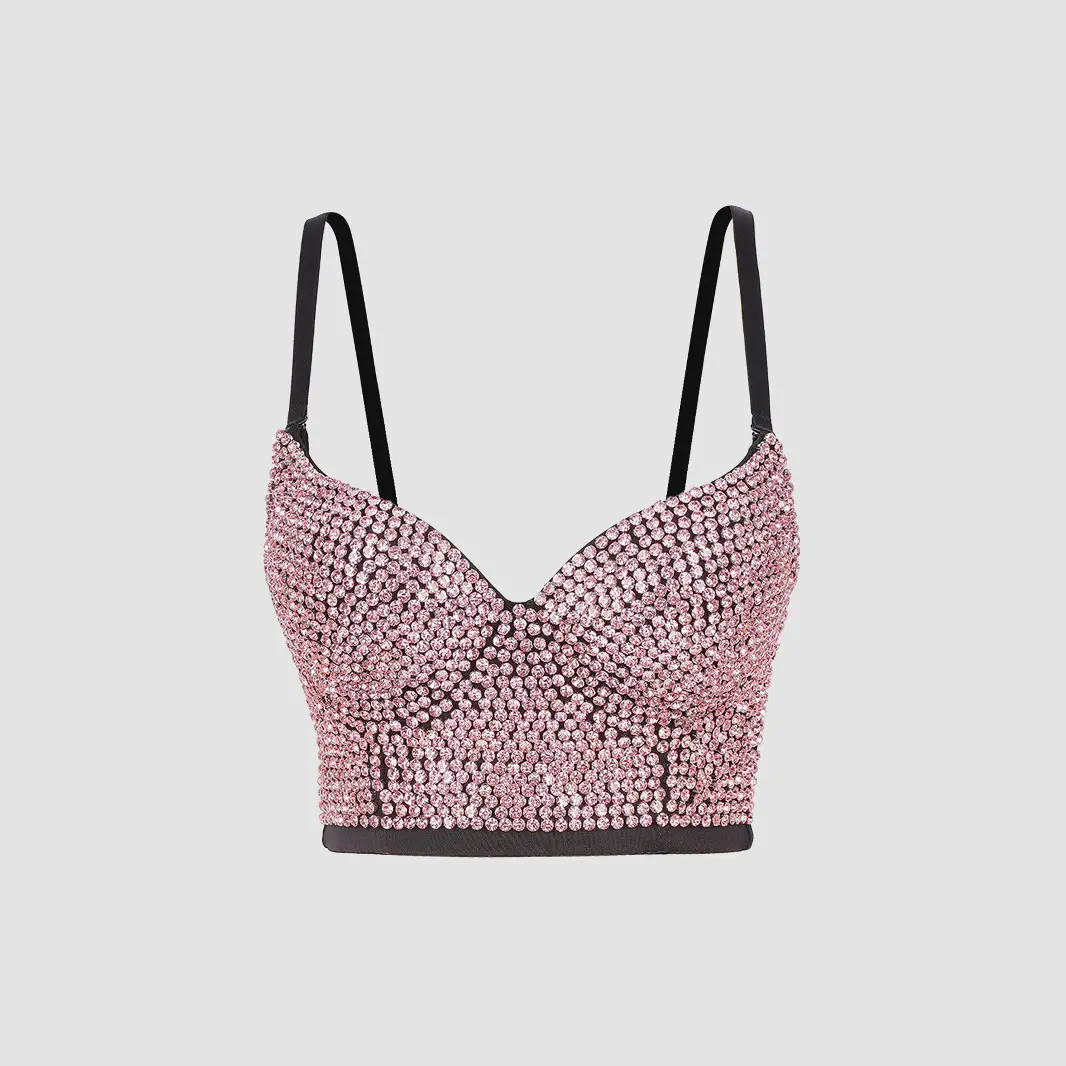 Women's Sleeveless Handmade Rhinestone Beading Corset Tank Top - V-Neck, Glisten Design, Shaper Crop Top, Spaghetti Strap Clothes for Spring Summer Rave, Wedding Party, Halloween, Thanksgiving, Chinese New Year, Easter