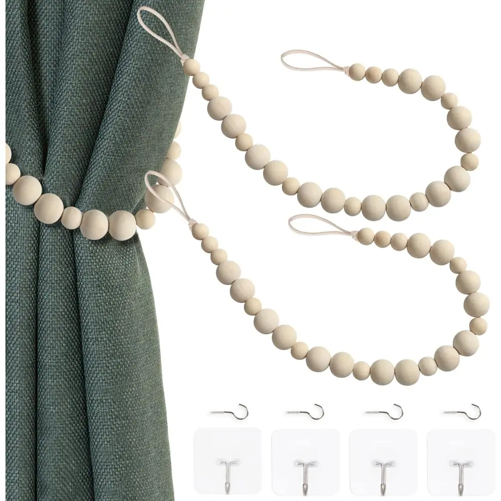 Natural Wood 2-Piece Beaded Curtain Tiebacks with Wall Hooks - Bohemian Curtain Holdbacks, Durable, for Bedroom, Nursery Home Decor (Wood Color)