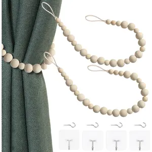 Wood Bead Curtain Tiebacks with Hooks for Wall Curtains-Boho Style, 2 Pieces, Suitable for Bedroom and Nursery Decor (Wood Color)