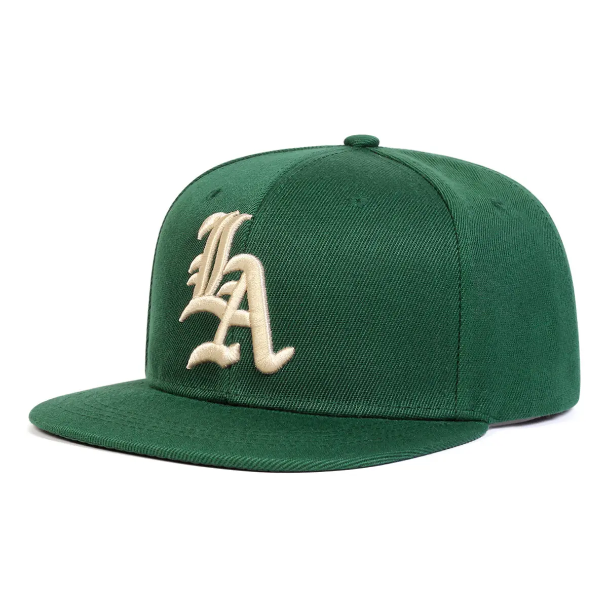 Vintage Forest Green LA Embroidered Flat Brim Cap, Retro Gothic Font Cleanfit Streetwear Baseball Hat, Adjustable Premium Cotton Outdoor Sport Headwear