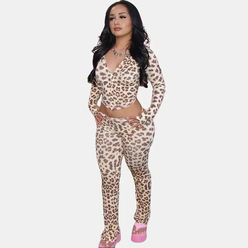 Sexy Leopard Print Sports Suit Women's 2025 Spring  New Long Sleeve Zipper Hoodie Crop Top & Long Wide-Leg Pants 2 Pieces Set Casual Party Club Elegant Wear Girls Clothes
