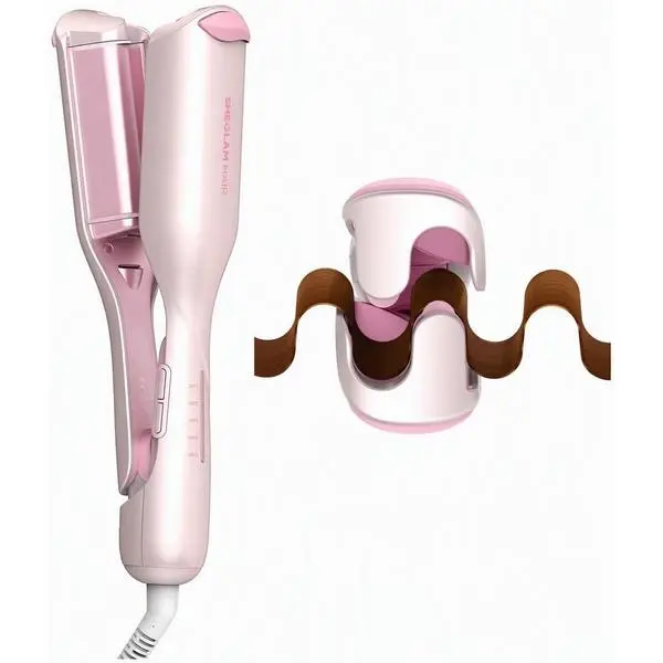 SHEGLAM Pink Beach Wave Hair Waver 0.75 inch - Lightweight Dual Voltage Crimper for Women, Smart Timer Double Barrel Tool with Adjustable Temps & Anti-Scald for Mermaid Waves on Short Hair