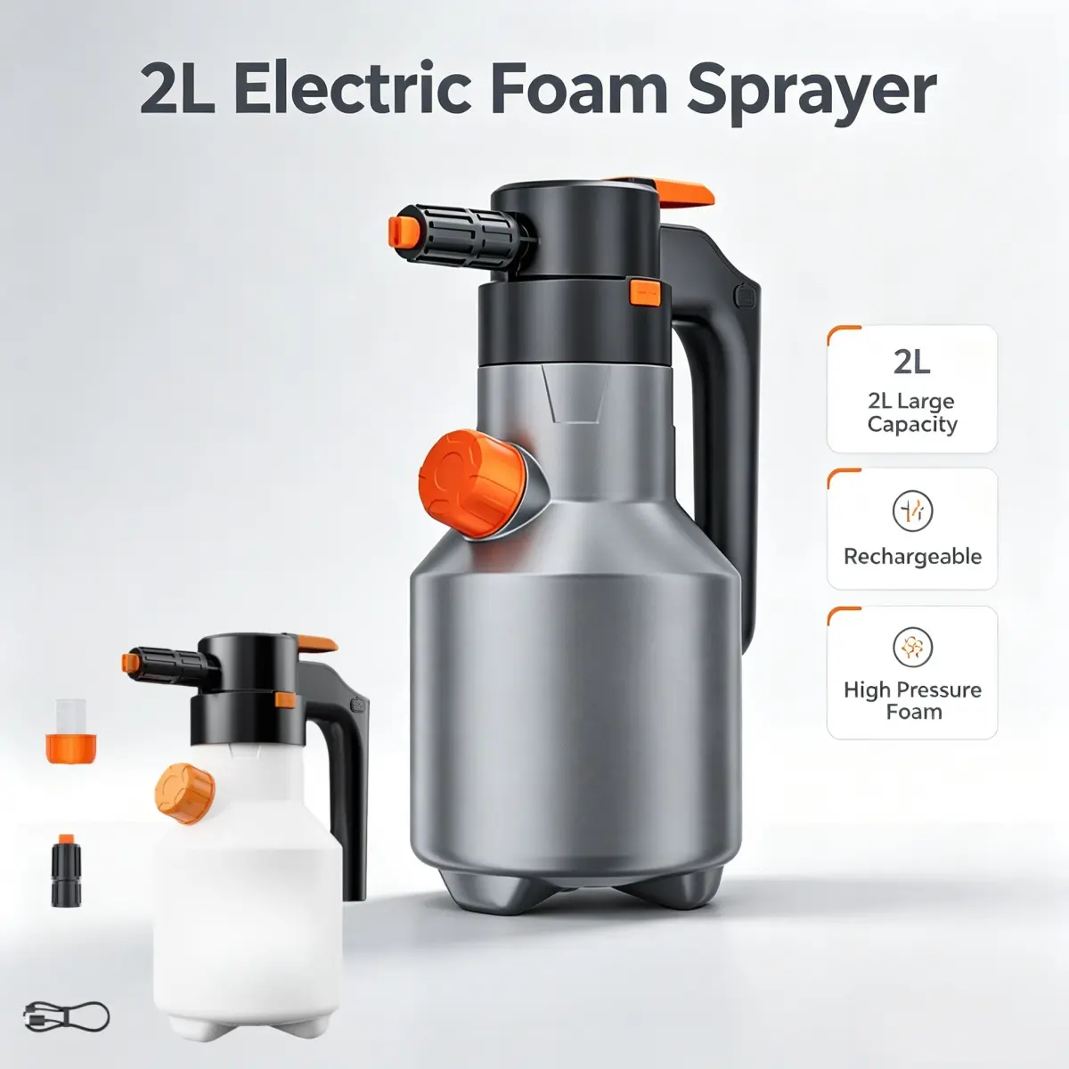 2L Large Capacity Electric Booster Foam Sprayer Car Wash, 68oz Automatic Foaming System, Battery Powered Rechargeable, One Click Operation, Cordless Pump Foaming Sprayer Handheld Spray Foam Sprayer for Garden Car Cleaning Detailing