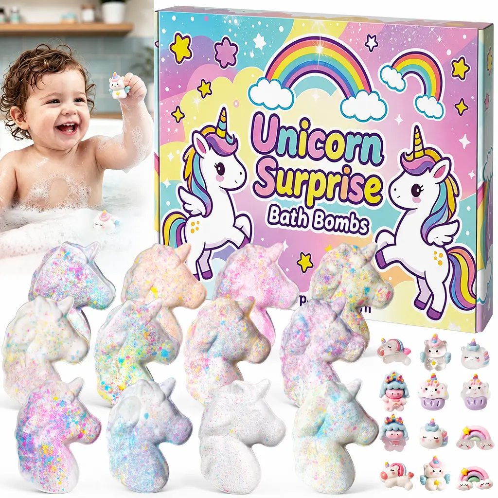 Unicorn Bath Bombs for Kids with Surprise Toys Inside, 12 Pack Glitter Fizzy Bath Bomb Gift Set with 12 Collectible Figurines, Girls 3-8 Bath Time