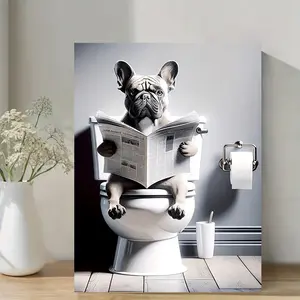 A Wooden Frame French Bulldog Canvas Wall Art, 30.48x 40.64cm - Humorous Bathroom Decor Poster with Dog Reading Newspaper on Toilet, Suitable for Home, Office, Coffee Shop or Living Room, Bathroom Wall Decoration