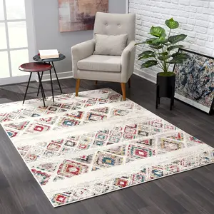HomeRoots 390383 8 x 11 ft. 3-Toned Abstract Geo Diamonds Area Rug, Cream, 3-Toned Area Rugs, Three-Toned Area Rugs