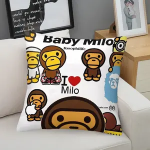 BAPE Baby Milo Classic Cartoon Plush Cushion with Inner, 45cm Square Zippered Pillow Throw, Cartoon Monkey, Love Slogan, Classic Ape Head Logo, Soft & Cozy, For Bedroom & Sofa Decor, Cute Trendy Gift Idea